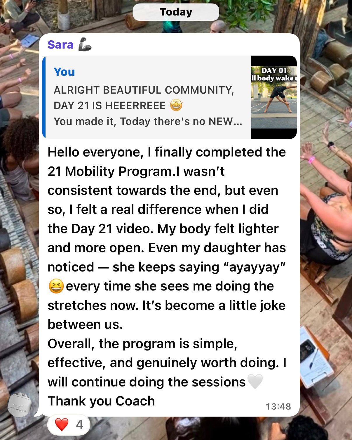 Client message after completing the 21 day mobility program